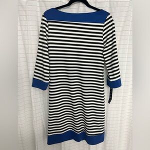 Tiana B striped shift dress with black and white striped and blue trim